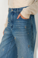 Eleanor Crystal Embellished Straight Leg Jeans in Cotton Denim