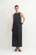Eleanor Handcrafted Flora 3D Studded Sleeveless Dress in Silk-Wool Satin