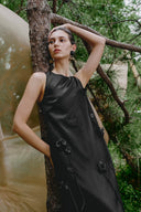 Eleanor Handcrafted Flora 3D Studded Sleeveless Dress in Silk-Wool Satin