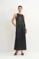 Eleanor Handcrafted Flora 3D Studded Sleeveless Dress in Silk-Wool Satin
