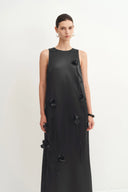 Eleanor Handcrafted Flora 3D Studded Sleeveless Dress in Silk-Wool Satin