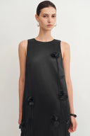 Eleanor Handcrafted Flora 3D Studded Sleeveless Dress in Silk-Wool Satin