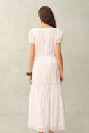 Elise Lace Embroidered Puff Sleeve Waist Cinched Dress in Cotton Jacquard