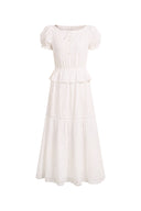 Elise Lace Embroidered Puff Sleeve Waist Cinched Dress in Cotton Jacquard