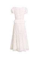 Elise Lace Embroidered Puff Sleeve Waist Cinched Dress in Cotton Jacquard