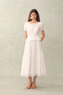 Elise Lace Embroidered Puff Sleeve Waist Cinched Dress in Cotton Jacquard