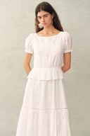 Elise Lace Embroidered Puff Sleeve Waist Cinched Dress in Cotton Jacquard
