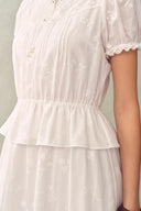 Elise Lace Embroidered Puff Sleeve Waist Cinched Dress in Cotton Jacquard