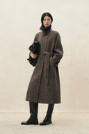 Elowen Flecked Herringbone Belted Long Coat in Wool Blend