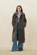 Elowen Flecked Herringbone Belted Long Coat in Wool Blend