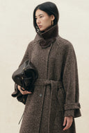 Elowen Flecked Herringbone Belted Long Coat in Wool Blend
