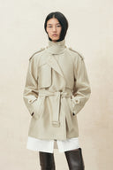 Champagne oversized belted cropped trench coat with lapels and shoulder epaulettes