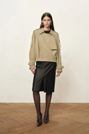 Elva Large Lapel Pleated Hem Short Trench Coat in Lightweight Blend - Deeper Green