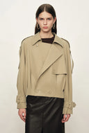 Elva Large Lapel Pleated Hem Short Trench Coat in Lightweight Blend - Deeper Green