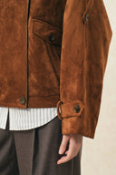 Women's caramel vegan suede jacket with buttoned pockets and leather-trimmed cuffs