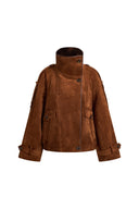 Caramel vegan suede women's jacket with batwing sleeves, high collar, front buttons and leather trim