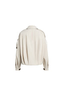 Ivory lightweight jacket with ruched hem, clean collar and gathered cuffs, back view