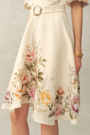 Eve Handpainted Floral Belted Puff Sleeves Dress in Silk Linen Blend