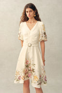 Eve Handpainted Floral Belted Puff Sleeves Dress in Silk Linen Blend