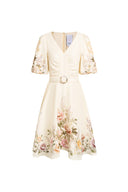 Eve Handpainted Floral Belted Puff Sleeves Dress in Silk Linen Blend