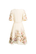 Eve Handpainted Floral Belted Puff Sleeves Dress in Silk Linen Blend