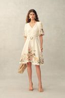 Eve Handpainted Floral Belted Puff Sleeves Dress in Silk Linen Blend