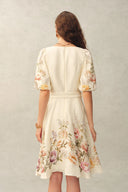 Eve Handpainted Floral Belted Puff Sleeves Dress in Silk Linen Blend