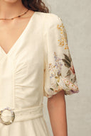 Eve Handpainted Floral Belted Puff Sleeves Dress in Silk Linen Blend