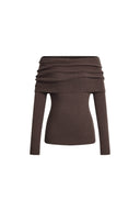 Brown draped off shoulder knit top with long sleeves and a sculpted fitted silhouette