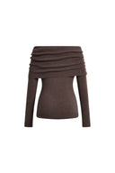 Brown draped off shoulder cotton blend knit top with long sleeves