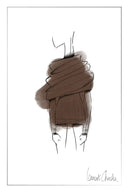 Fashion sketch of a brown draped off shoulder knit top with a sculpted silhouette