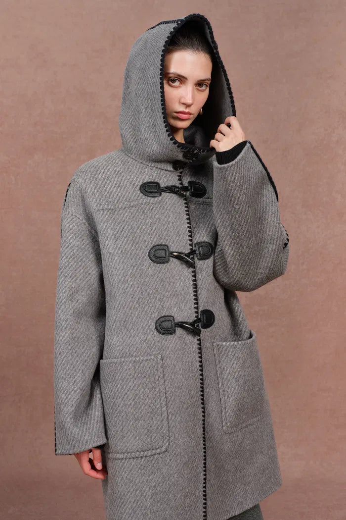 Vivien Horn Button Hooded Coat in Herringbone Wool Camel Down