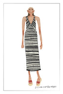 Kari Handmade Tassels Ivory White Striped Dress in Cotton Knit