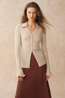 Katia Beige Wavy Cuff Fitted Collared Cardigan in Stretchy Merino Wool Cable Knit