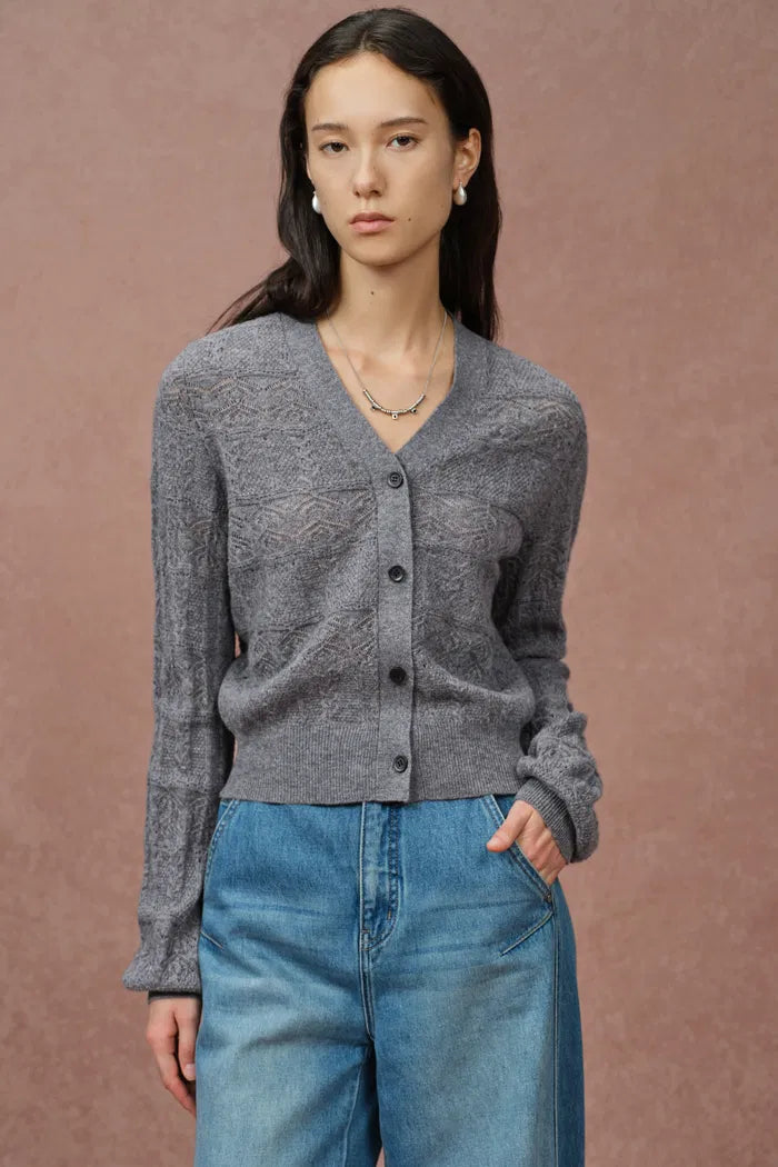 Faye V Neck Cropped Hand Crocheted Cardigan in Merino-Cashmere Knit