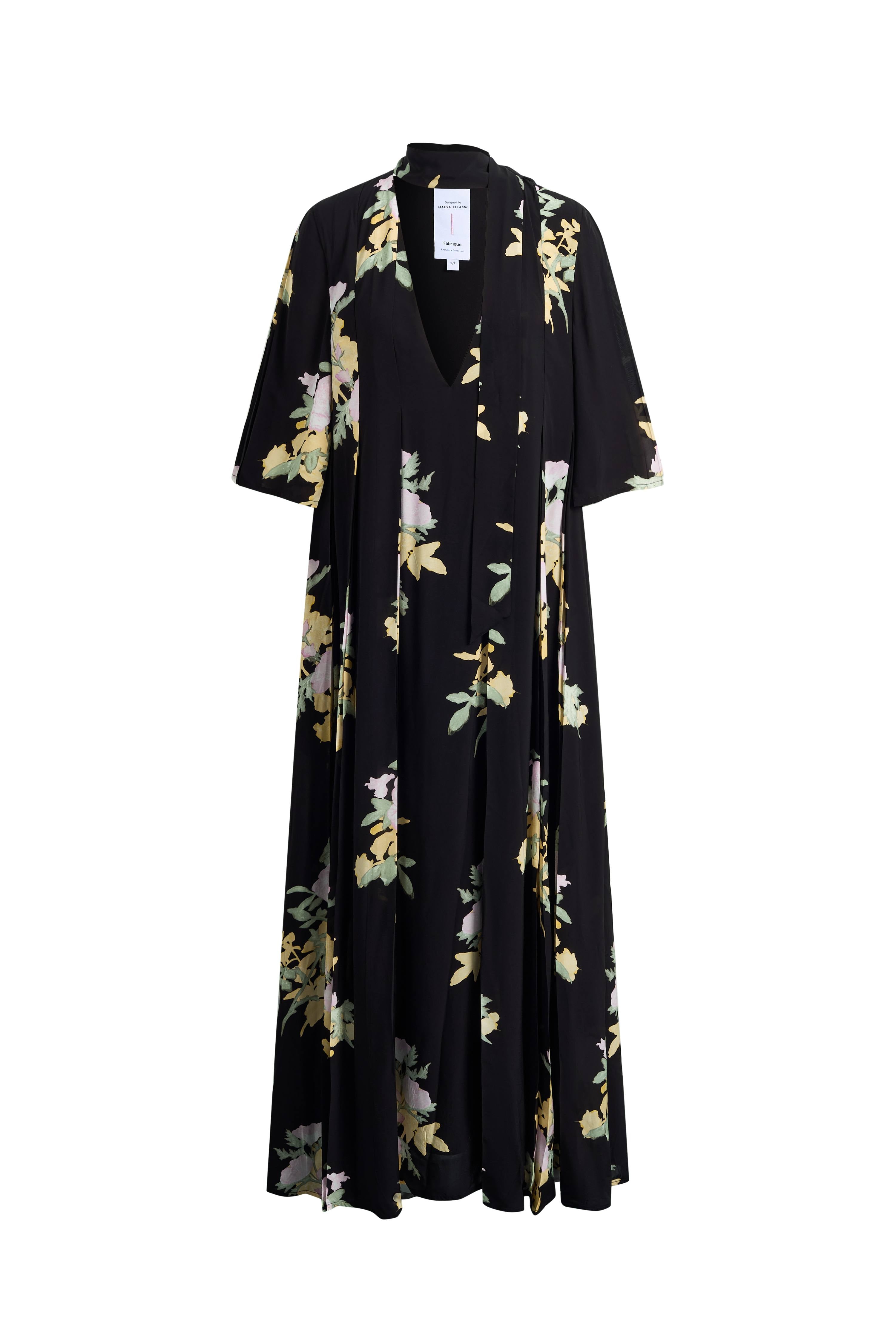 Aria Floral Tie Neck Elbow Sleeve Dress in Light Crinkle Gauze – fbrq.com Aria Floral Tie Neck Elbow Sleeve Dress in Light Crinkle Gauze – fbrq.com