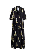 Aria Floral Tie Neck Elbow Sleeve Dress in Light Crinkle Gauze