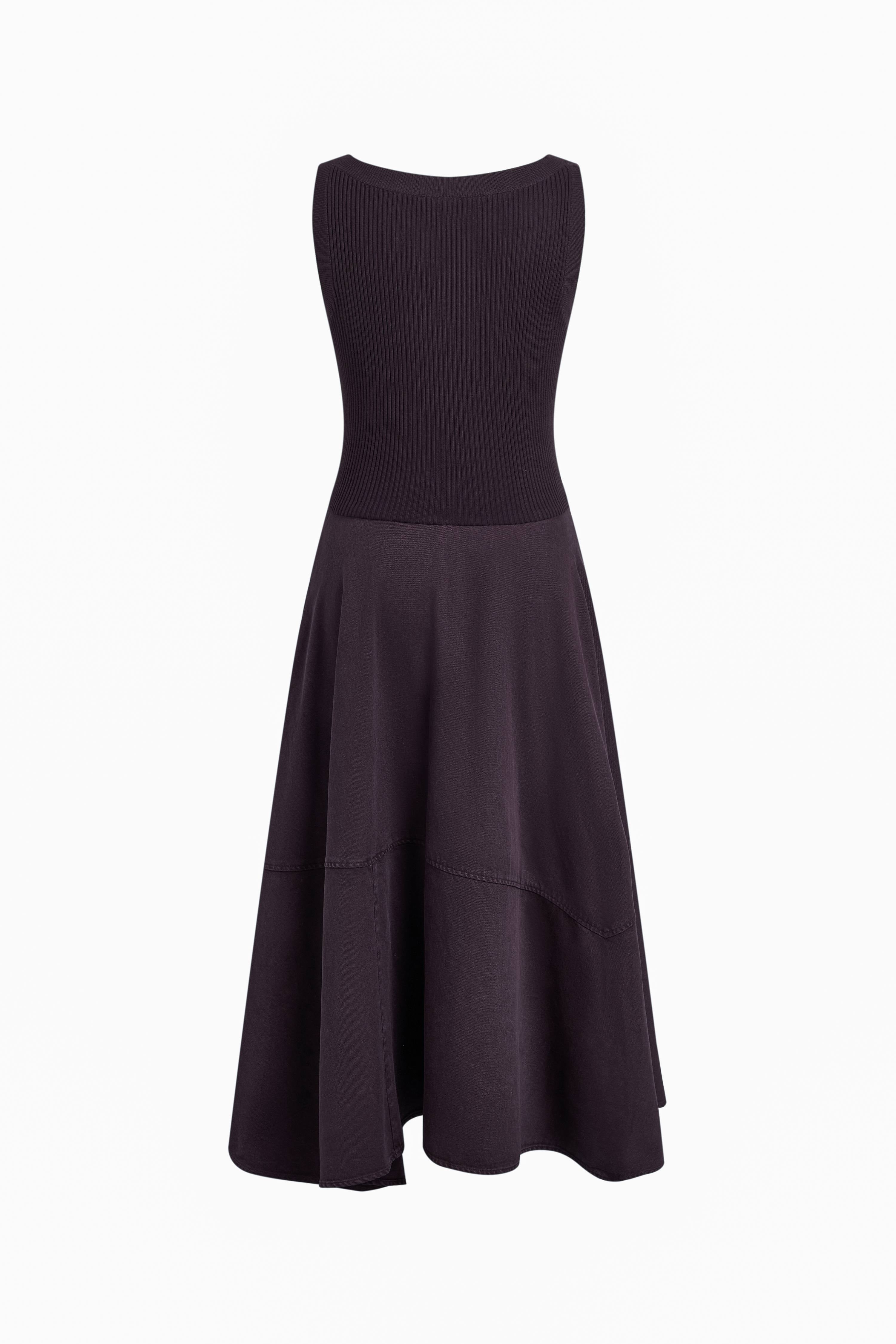 Kaia Paneled Waist Tie Sleeveless Dress in Cotton Knit and Tencel Denim