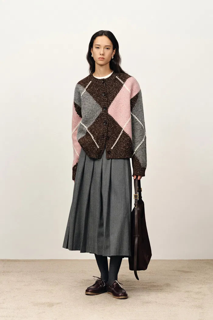 Ganache Contrast Check Cardigan in Coarse-Spun Merino Wool Knit