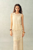 Completo abbinato Beatrice: top e gonna traforati con fiori 3D in maglia di lino