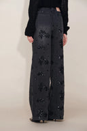 Star Hand Beaded Rose Embellishment Straight Leg Jeans in Beaded Cotton Denim