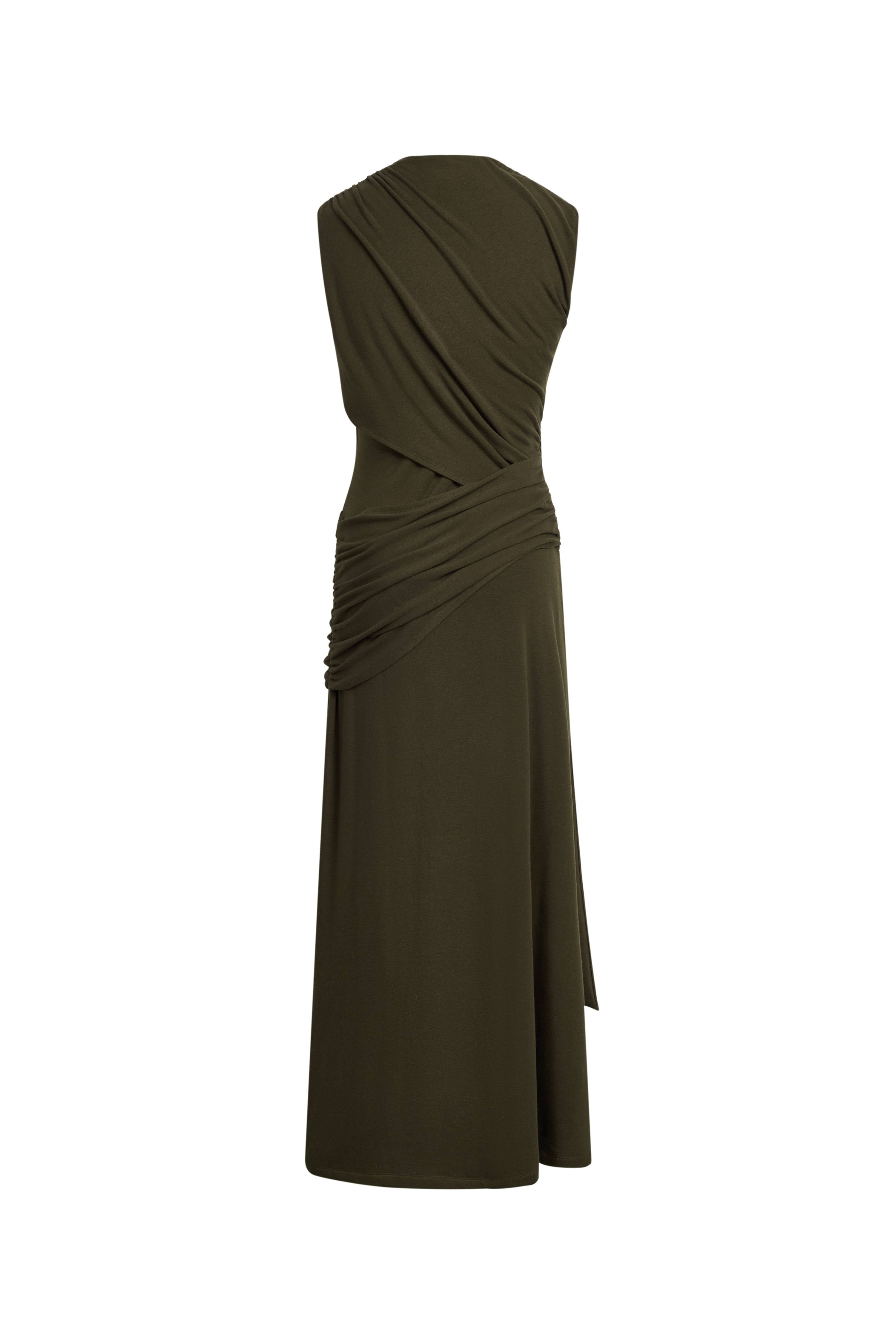 Delilah Olive Asymmetric Draped Sleeveless Dress in wool Blend Knit fbrq.com Delilah Olive Asymmetric Draped Sleeveless Dress in wool Blend Knit fbrq.com