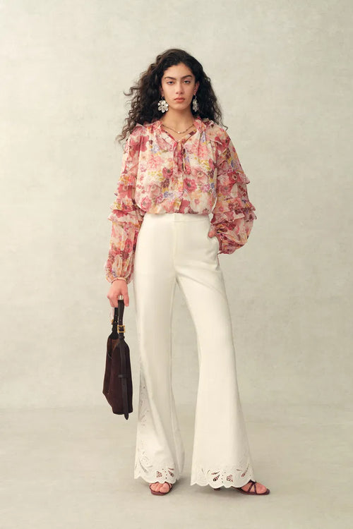 Marie Hand-Painted Print V-Neck Ruffle Top in Sheer Chiffon