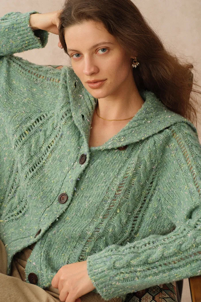 Rosalina Convertible Shawl Collar Cardigan in Merino Wool Cable Knit