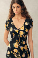 Maggie Handpainted Floral Cinched Waist Dress in Silk Double Crepe