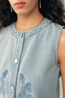 Perla Embossed Flowers Sleeveless Round Neck Top and Skirt Matching Set in Cotton Denim