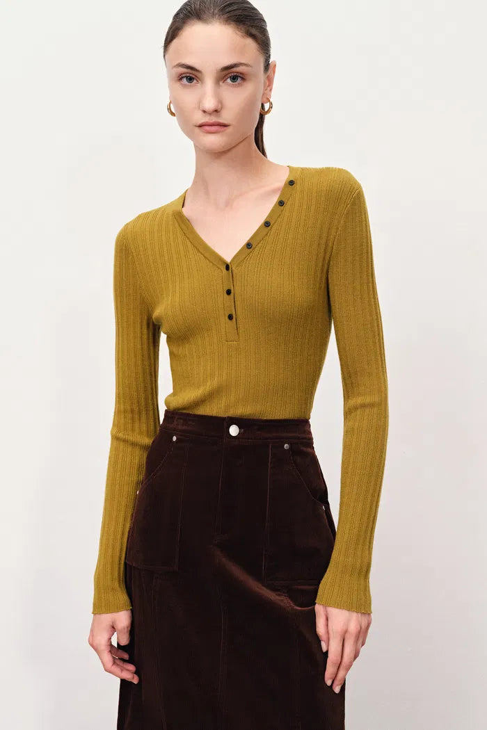Vivi Henley Top in Stretchy Rib Knit Merino Wool