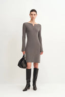 Emily Grey Henley Collar Fitted Short Dress in Merino Wool Knit