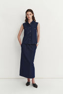 Falda Midi Francesca en Denim de Lino y Algodón