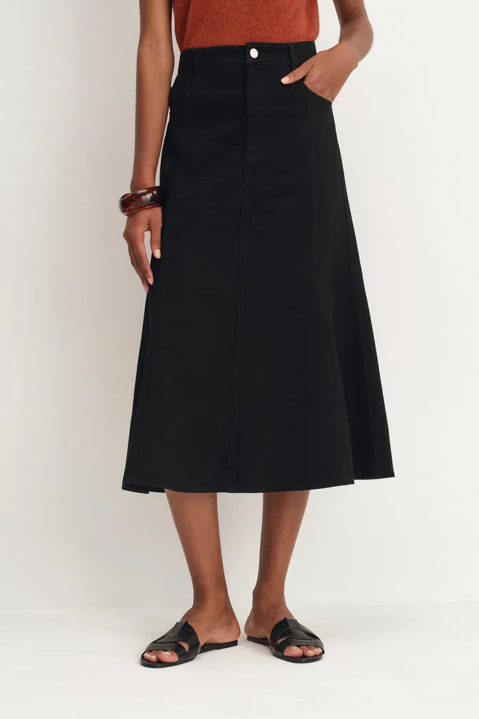 Nyssa Flared Midi Skirt in Stretchy Denim